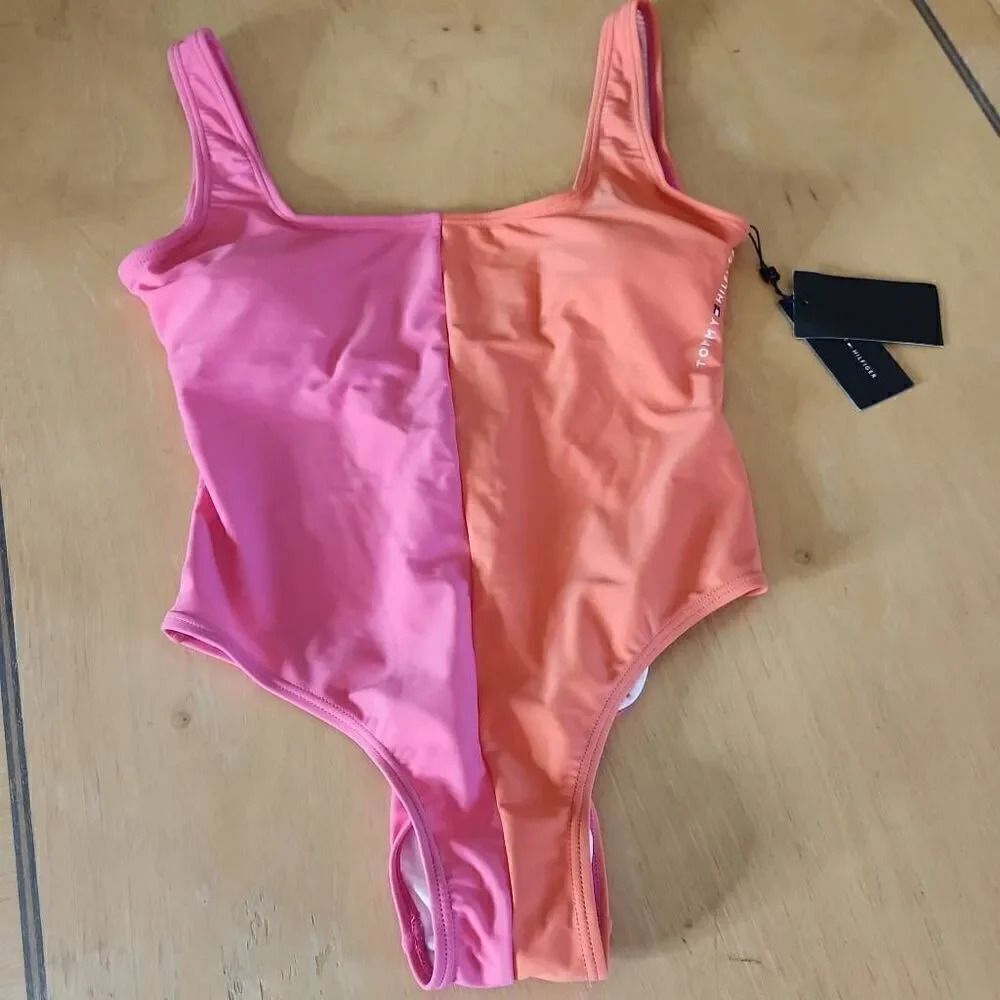 Tommy Hilfiger pink and orange one piece swimsuit women's size 6